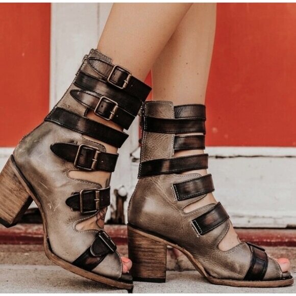 Freebird Steven Bond Stone Leather Distressed Strappy Edgy Buckles Ankle Chunky - Picture 4 of 16